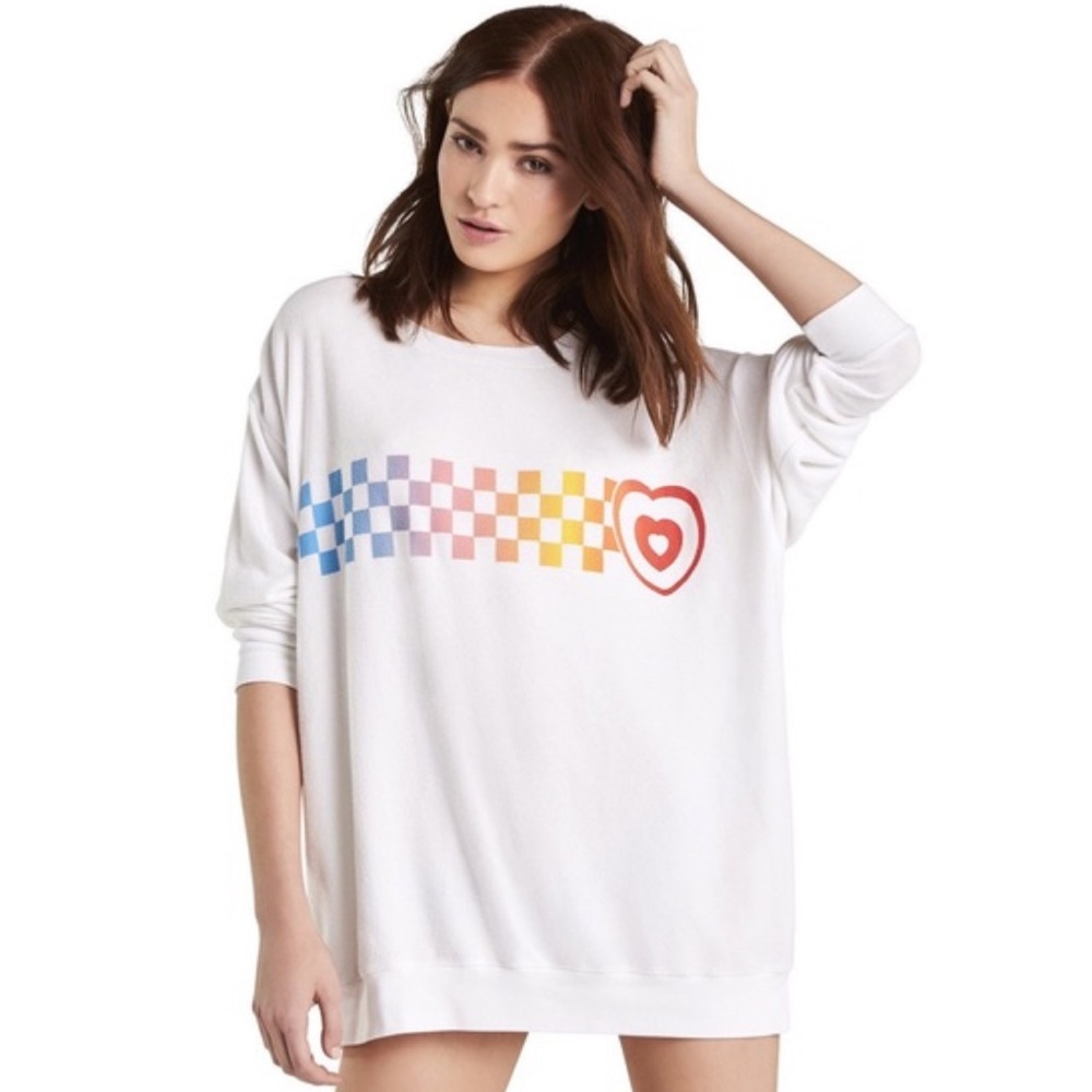 Wildfox racer check white road trip sweater NWT